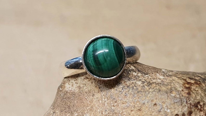 Green Malachite ring. 925 sterling silver. Reiki jewelry uk. Women's Adjustable ring. 8mm stone image 1