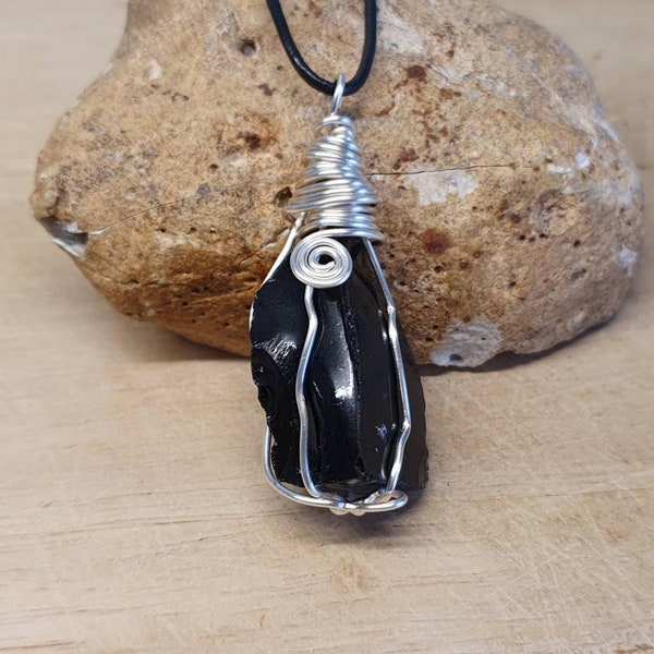 Raw black Obsidian pendant. Reiki jewelry uk. Silver plated Wire wrapped pendant. Unisex raw crystal necklace.