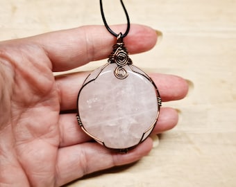 Large Rose Quartz Pendant. Men's unisex wire wrap necklace 5th anniversary gemstone. January Birthstone