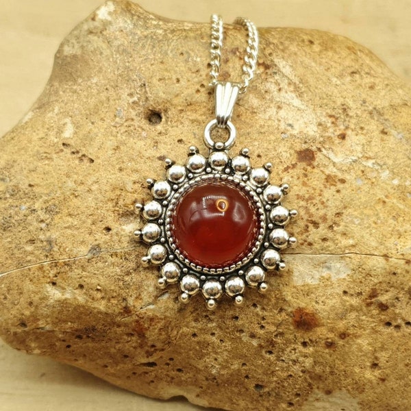 Round Boho Red Carnelian pendant necklace. July birthstone. 17th anniversary gemstone. Reiki jewelry uk. 12mm stone. empowered crystals