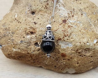 Small Black shungite pendant. Reiki jewelry uk. Bali silver Wire wrapped pendant. 10mm stone. Minimalist cone necklace. Empowered crystals