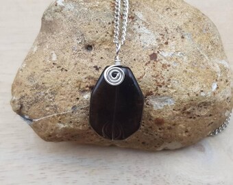 Smoky Quartz pendant. Reiki jewelry. Silver plated Wire wrapped pendant uk. 23x18mm stone