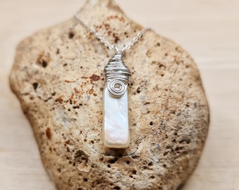 White pearl pendant. Sterling silver. June Birthstone. Reiki jewelry uk. 30th anniversary gemstone. Biwa pearl Wire wrapped pendant