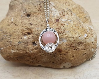 Small Pink Opal pendant. October birthstone. 14th anniversary necklace. Reiki jewellery uk. Silver plated oval frame Wire wrapped necklace