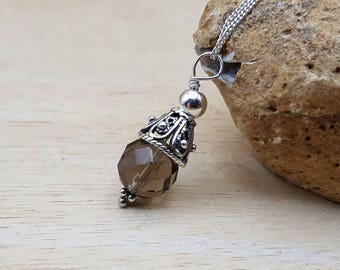 Small Smoky Quartz pendant necklace. Bali silver. Reiki jewelry.  Minimalist cone pendant uk. 10mm brown gemstone. Empowered crystals