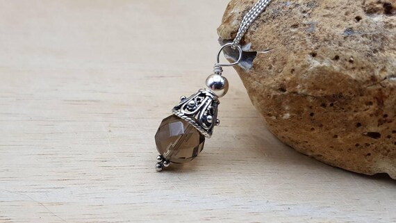 Small Smoky Quartz pendant necklace. Bali silver. Reiki jewelry.  Minimalist cone pendant uk. 10mm brown gemstone. Empowered crystals