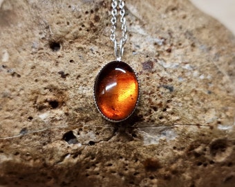 Small oval copal pendant necklace. Yellow orange gemstone 14x10mm. Simple minimalist jewellery. 925 sterling silver necklaces for women.