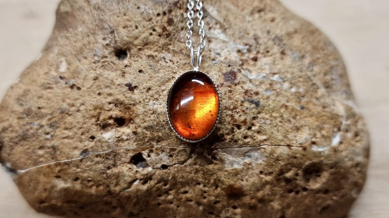 Small oval copal pendant necklace. Yellow orange gemstone 14x10mm. Simple minimalist jewellery. 925 sterling silver necklaces for women. image 1