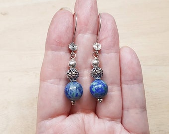 Azurite earrings. Blue green silver Sphere Dangle drop earrings for women