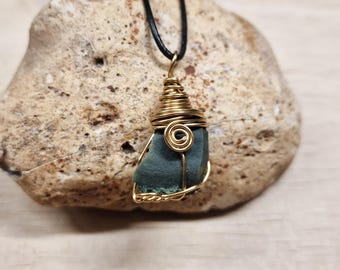 Raw crystal necklace. Brass Unisex necklace. Raw Bloodstone pendant. March birthstone. Reiki jewelry uk. Wire wrap pendant