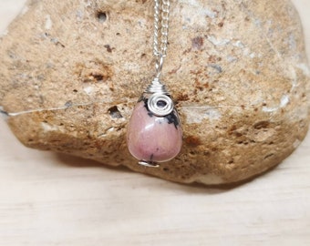 Small Rhodonite pendant necklace. Pink teardrop stone. Reiki jewelry. Taurus pendant. Silver plated Wire wrapped pendant. Empowered crystals