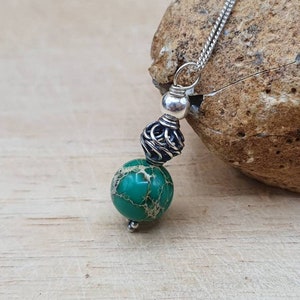 Green jasper pendant necklace. Sea sediment jasper Reiki jewelry uk. 10mm stone. Bali silver bead Small Minimalist necklaces for women image 7