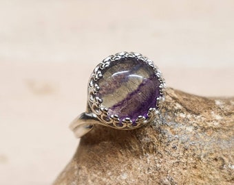 Rainbow Fluorite Ring. Crystal Reiki jewelry uk. Womens Adjustable ring. 10mm stone. 925 sterling silver crown edging.