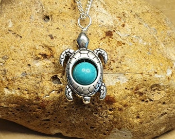Turquoise Turtle pendant. December birthstone. Spirit animal. Reiki jewelry uk. Silver plated 8mm gemstone