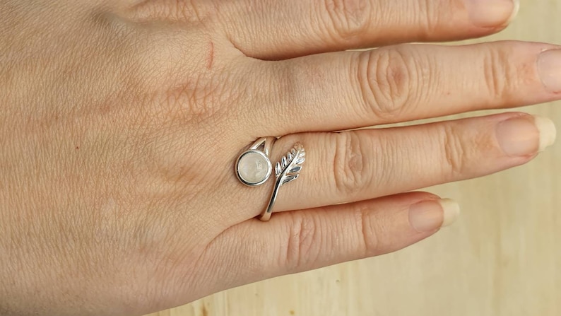 6mm stone 925 sterling silver Crystal Reiki jewelry Rainbow moonstone leaf ring Adjustable ring June Birthstone ring