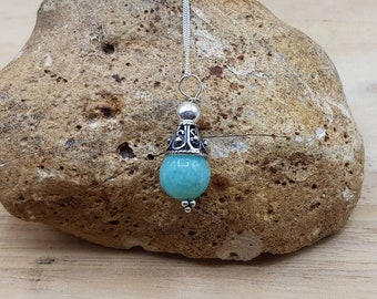 Small minimalist Amazonite cone pendant. Virgo jewelry. Crystal Reiki jewelry uk. Semi precious stone. Bali silver bead necklace. 10mm stone