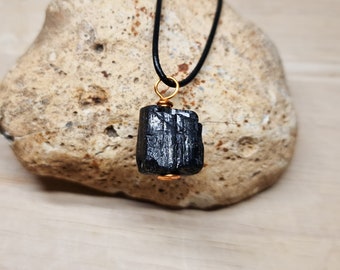 Raw black Tourmaline necklace. October birthstone. Unisex Copper wire wrap pendant