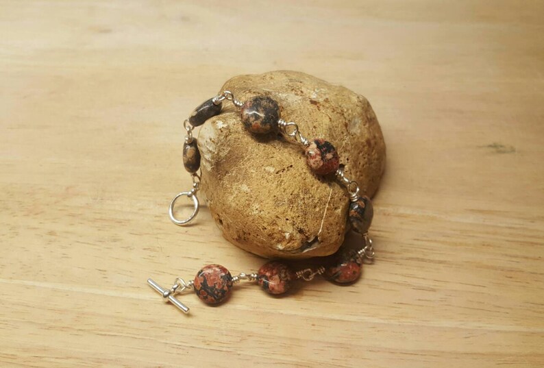 Leopardskin jasper bracelet. Reiki jewelry uk. Wire wrapped bracelet. Brown semi precious stone image 1