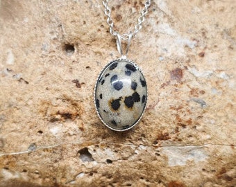 Oval Dalmatian jasper pendant necklace. Reiki jewelry uk. Black and white spotted 14x10mm stone. Empowered crystals