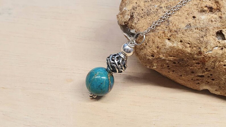 Green jasper pendant necklace. Sea sediment jasper Reiki jewelry uk. 10mm stone. Bali silver bead Small Minimalist necklaces for women image 1