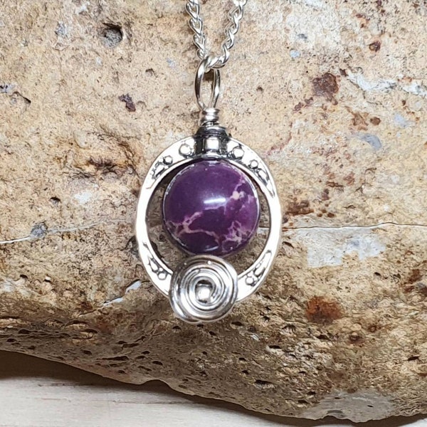 Purple jasper pendant. Reiki jewelry. Silver plated Wire wrap pendant uk. 10mm stone. Oval frame necklace. Empowered Crystals