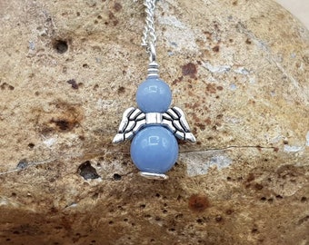 Minimalist Blue Angelite angel pendant necklace. Reiki jewelry uk. Gemstone jewellery. Necklaces for women. Empowered crystals.