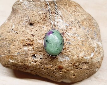 Ruby Zoisite Pendant, Sterling Silver Anyolite Necklace (18x13mm)