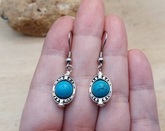 Small Turquoise earrings. Reiki jewelry uk. December Birthstone. Minimalist Silver plated oval frame earrings. 8mm stones. Birthday Gift