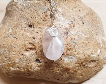 Simple Oval Rose Quartz Pendant. Wire wrapped pendant. Reiki jewelry uk. January Birthstone pendant. 5th anniversary gemstone