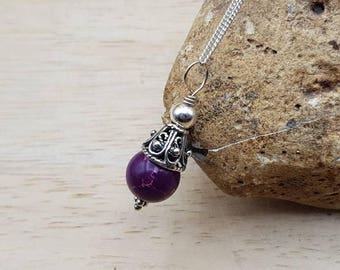 Purple jasper cone pendant necklace. Sea sediment jasper Reiki jewelry uk. 10mm stone. Bali silver Small Minimalist necklaces for women