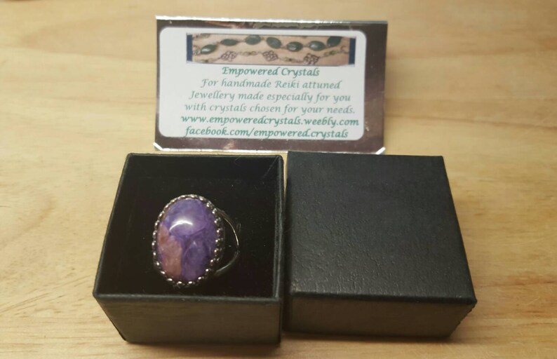 Purple Charoite ring. 925 sterling silver rings for women. Reiki jewelry uk. Violet Flame ring. Adjustable ring. 18x13mm gemstone image 5