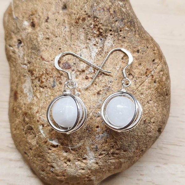 Rare blue Celestite circle earrings.  Reiki jewelry uk. Drop earrings. Sterling silver bead dangle drop earrings.