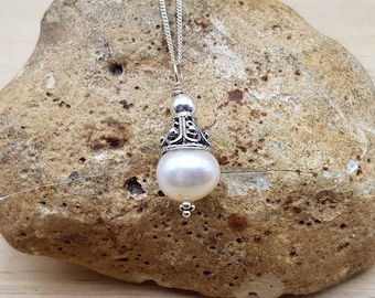 Fresh water pearl cone pendant necklace. June Birthstone. Bali silver necklaces for women. Reiki jewelry uk. 30th anniversary gemstone.