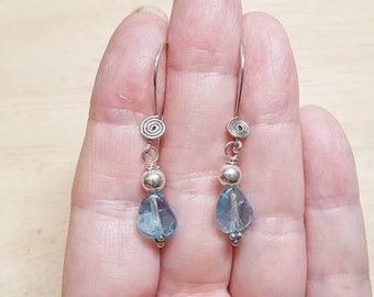 Small Blue Apatite earrings. Bali silver earrings. Crystal Reiki jewelry uk. Gemini jewelry.