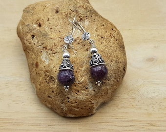 Purple Lepidolite cone earrings. Bali silver beads. Reiki jewelry uk. Libra jewelry. Drop earrings