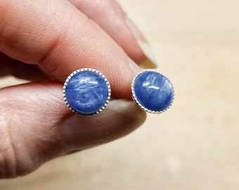Blue Kyanite stud earrings. 925 sterling silver. 8mm Round post earrings for women. Crystal Reiki jewelry uk. Mineral jewelry
