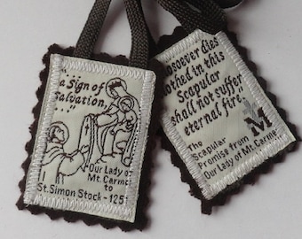 Traditional Catholic "Our Lady of MT. Carmel" 100% Brown Wool Scapular, Hand Made in USA