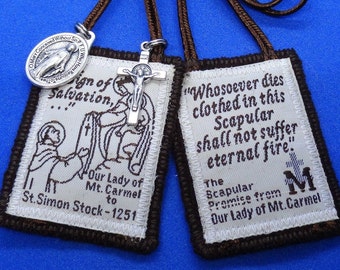 Sturdy Traditional (2 layers100% Brown Wool) Catholic Scapular All edges sewn to prevent fraing  + Miraculous Medal & St. Benedict Crucifix