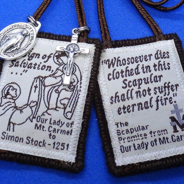 Sturdy Traditional (2 layers100% Brown Wool) Catholic Scapular All edges sewn to prevent fraing  + Miraculous Medal & St. Benedict Crucifix