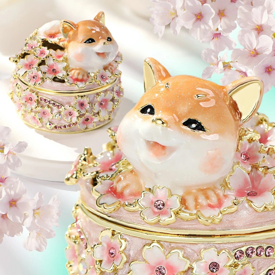 Shiba Inu Sakura Jewelry Box: Crystal Dog Ring Holder
