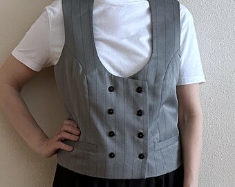 Vintage Herringbone Vest Womens Gray Double Breasted Waistcoat Minimalist Tailored Vest