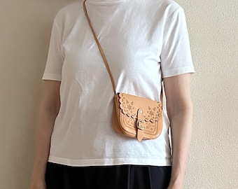 Vintage Tooled Leather Mini Crossbody Bag Handmade Floral Folk Purse Boho Tan Leather Shoulder Bag Festival Saddle Bag