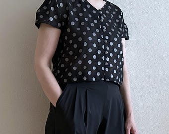 Vintage Polka Dot Sheer Blouse Black Silver Metallic Dot Short Sleeve Top 90s Sheer Polyester Shirt Party Evening Blouse Size EU 36 UK 10