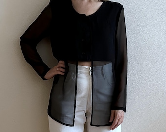 Vintage K.O.M.B.I. Black Sheer Blouse 90s See Through Long Sleeve Shirt Minimalist Elegant Button Top Retro Mesh Overlay Jacket