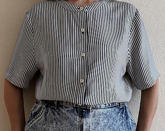 Vintage Navy White Striped Blouse CHOISE Sport Button Up Shirt Short Sleeve Viscose Top 90s Minimalist Women’s Shirt Size M/L