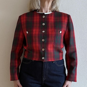 Vintage Women&#39;s Jacket Tartan Plaid Wool Blend Blazer Red Checked Long Sleeve Short Women Jacket Made in Sweden