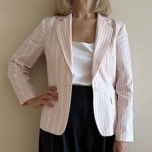 Betty Barclay Womens Jacket White Pink Striped Blazer Button up Cotton Blend Summer Jacket Small Size