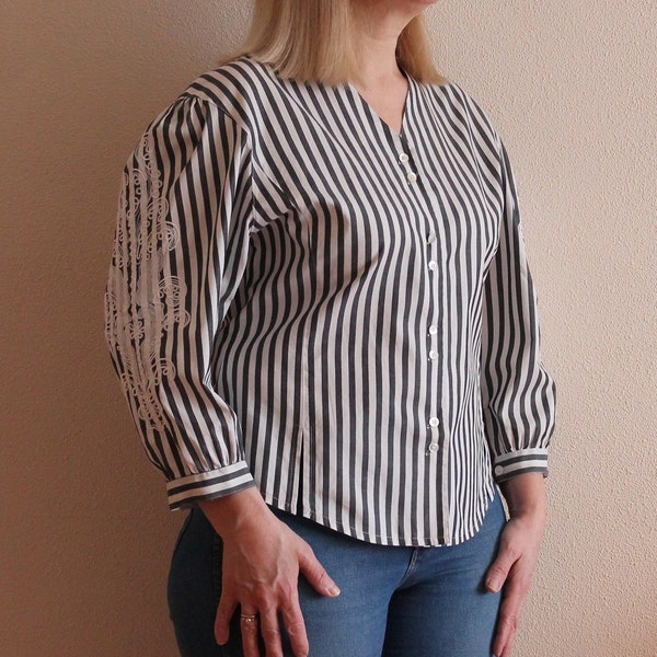 LUTZ TEUTLOFF Bluse Vintage Damen Bluse Weiß Grau Ringel Top Vintage 80er Jahre Designer Bluse 3/4 Ärmel Hemd Button up Sekretärin's