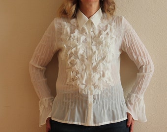 White Blouse Women Blouse White Women Blouse Vintage Blouse  Accordion Pleated Blouse Women Sheer Blouse Long Sleeve Button up Shirt Medium