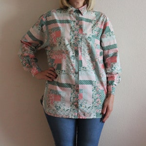 Vintage Blouse Floral 80s Blouse Women Summer Blouse Colorful Blouse Pink White Green Long Sleeve Shirt Extra Large Size